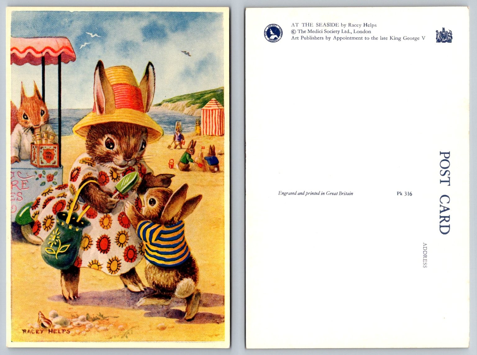 Racey Helps Medici Society Rabbits At The Seaside Vintage Postcard Pk 316