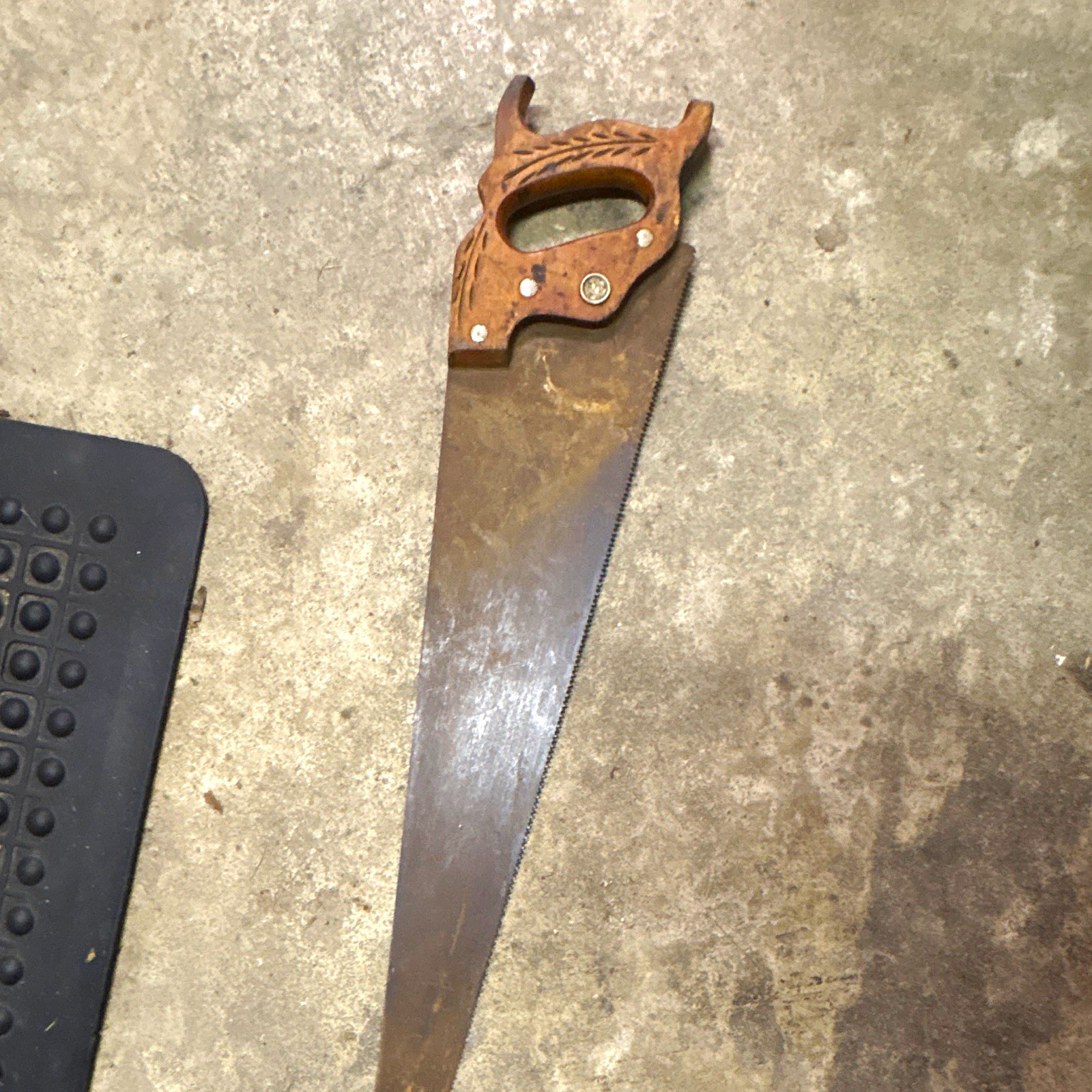 Vintage Original Hand Saw with Carved Wooden Handle Wood Handle