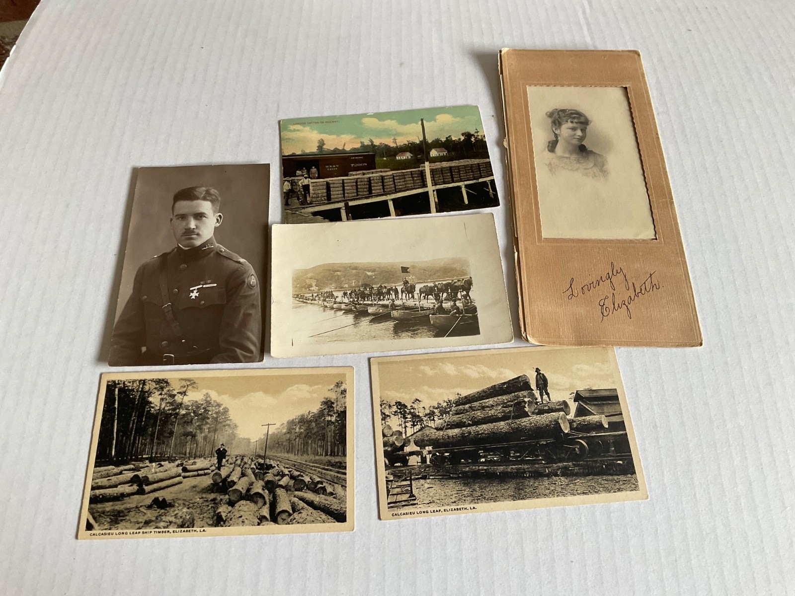 LOT OF 6 RPPC 2 WWI CARDS 2 LONG LEAF TIMBER CO. COTTON, & ELIZABETH A BEAUTY LOT OF 6 RPPC 2 WWI CARDS 2 LONG LEAF TIMBER CO. COTTON, & ELIZABETH A BEAUTY
