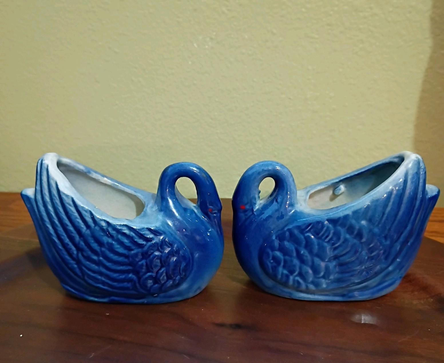 VTG Pair Swan Mini Planter Blue Glazed Pottery Stoneware Toothpick Holder Decor