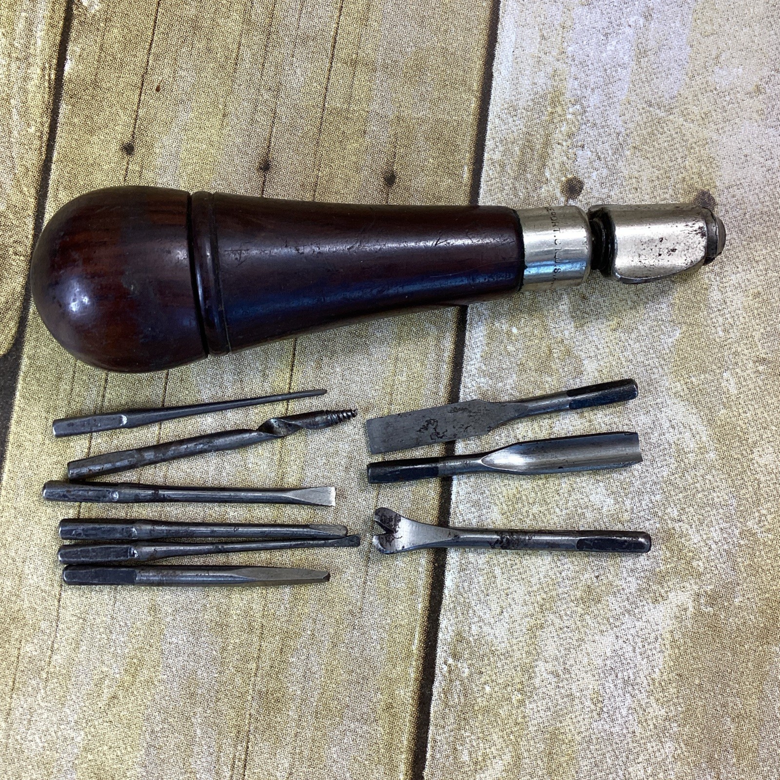 Vintage US Fray & Co Wood Multi Tool Handle 9 Original Bits Bridgeport CT