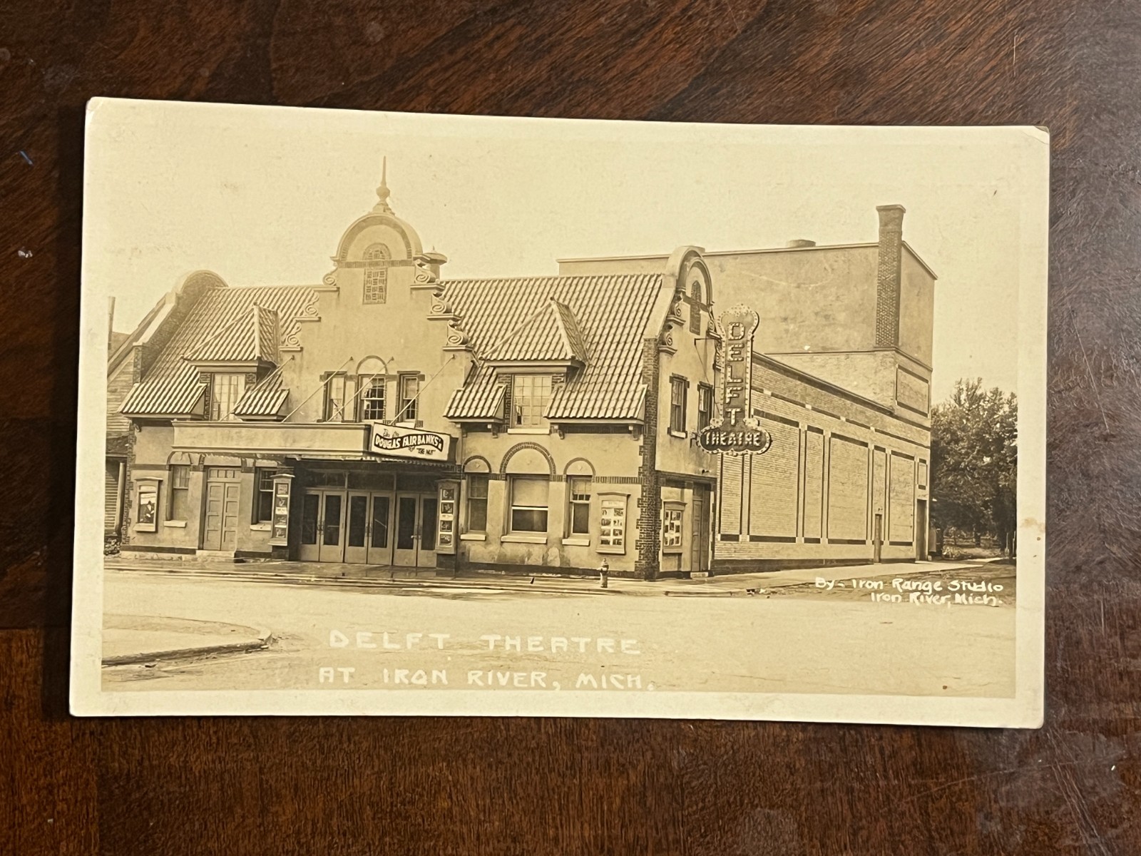 Iron River, MI 1921 photo Delft Theater Theatre Postcard RPPC Posted