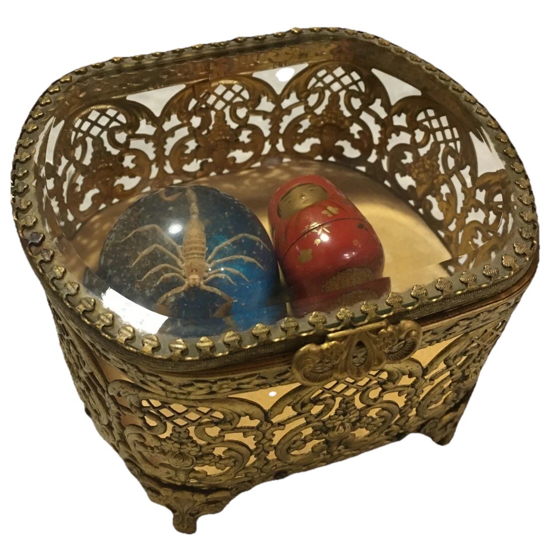Antique Victorian Gilded 24k Gold Ormolu Jewelry/Trinket/Curiosity Box Beveled