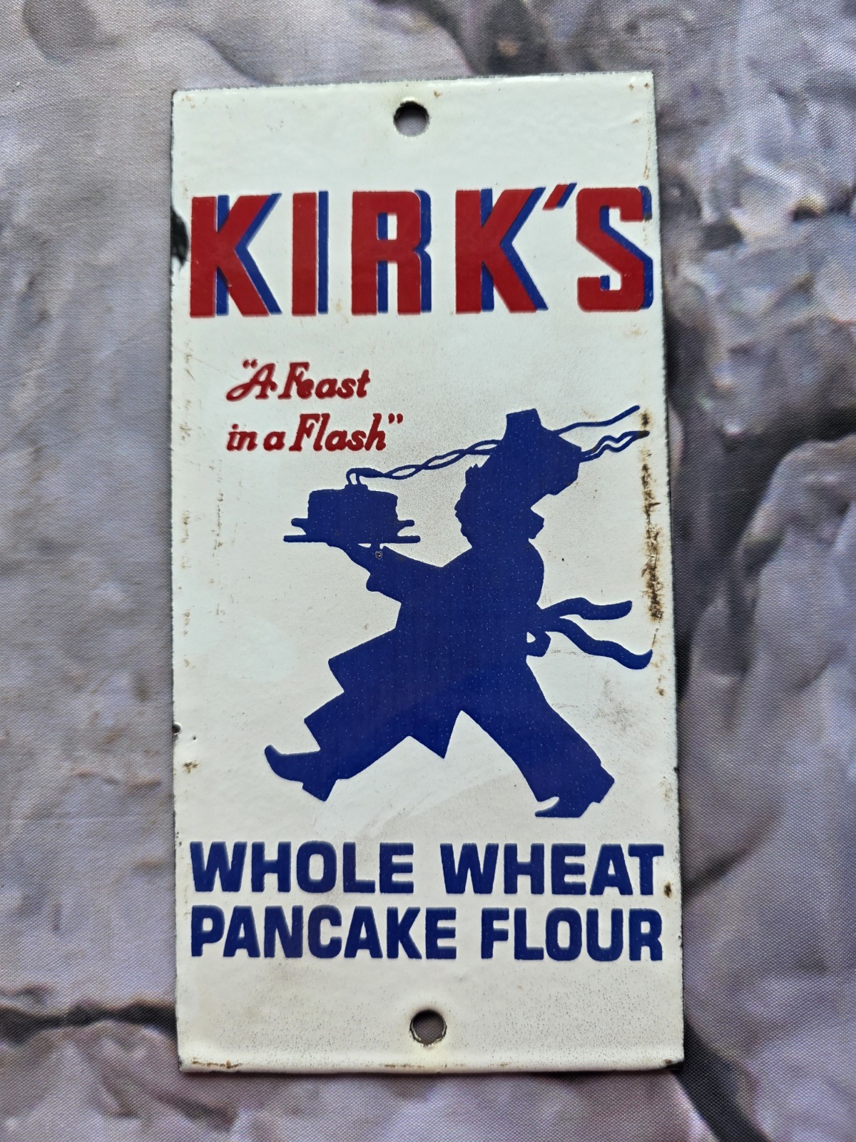 VINTAGE 1940'S KIRK’S PANCAKE FLOUR WOODEN  DOOR  PUSH PORCELAIN SIGN   8