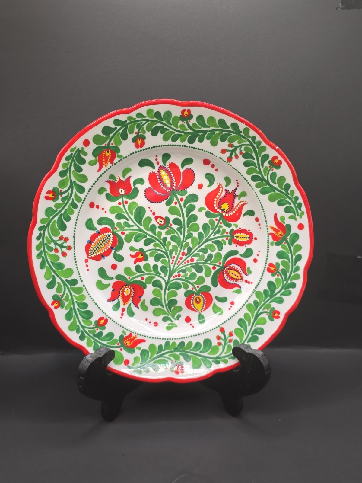 Vintage Marton Studios Hungarian Handpainted Folk Art Plate Red/Green Floral 9
