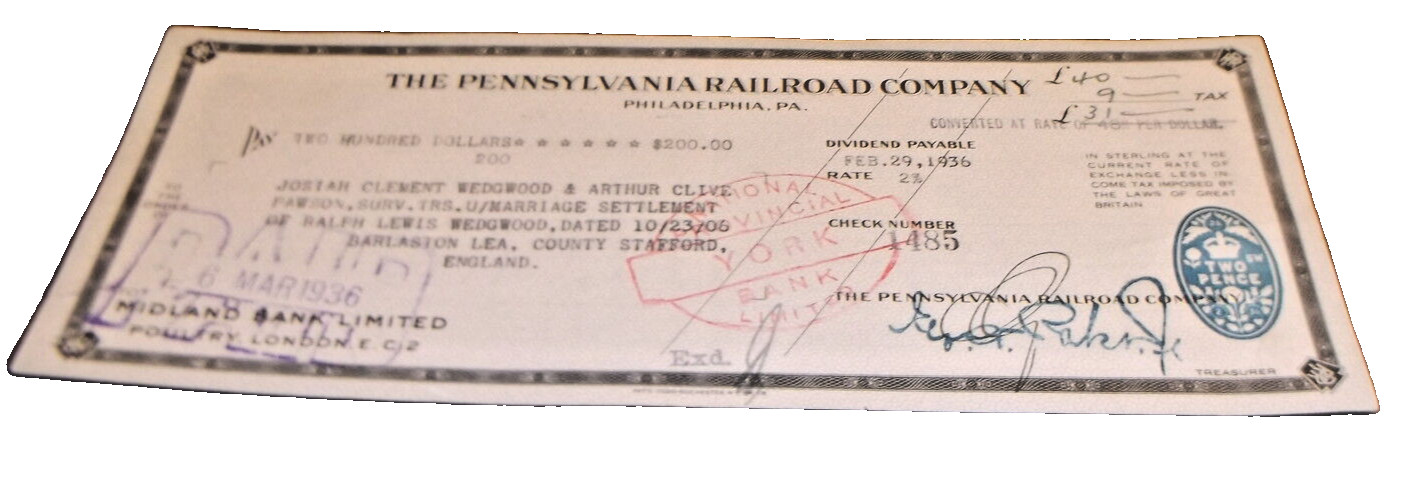 FEBRUARY 1936 PRR PENNSYLVANIA RAILROAD COMPANY DIVIDEND CHECK
