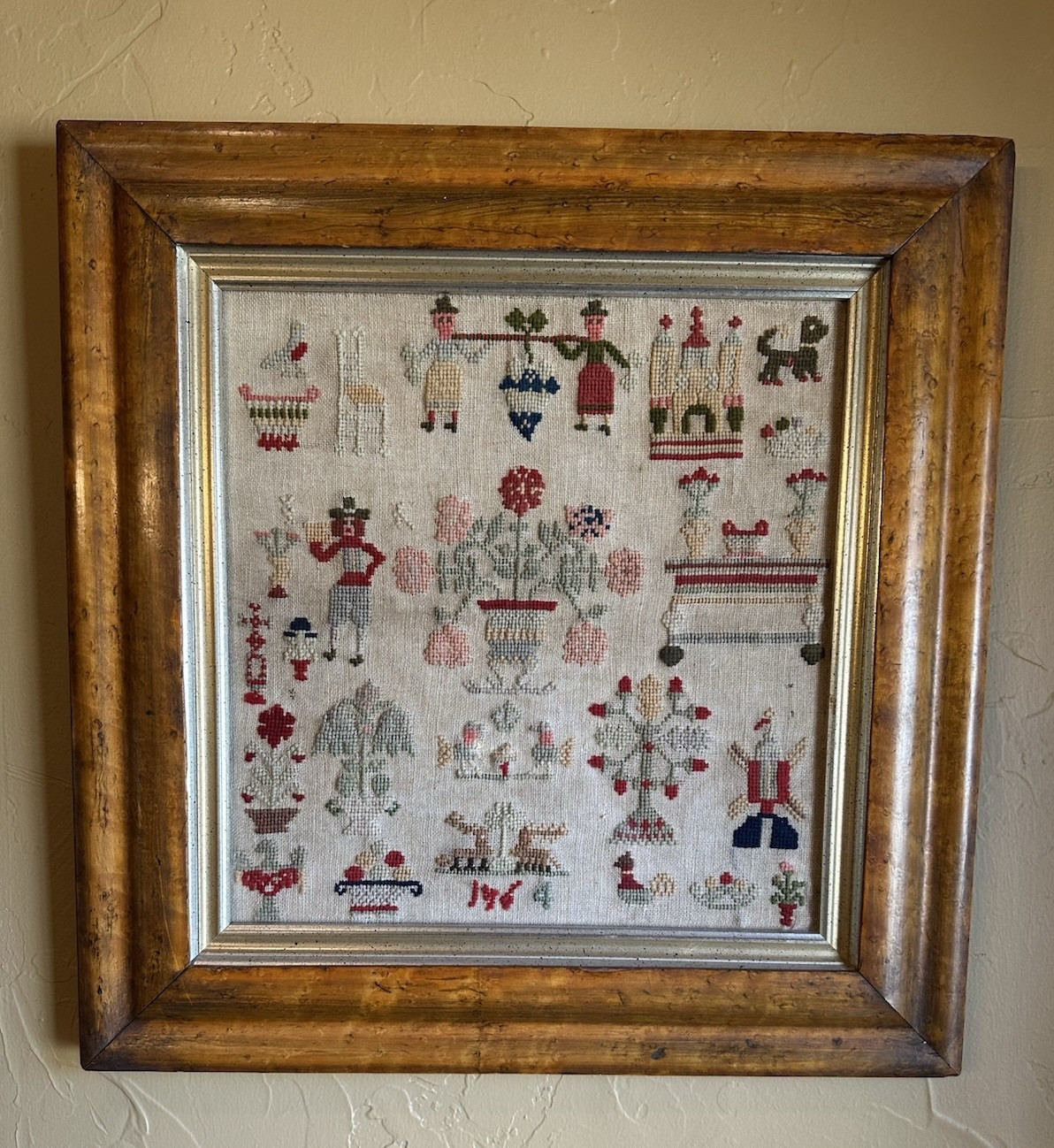 Antique Dutch Pictorial Needlework Sampler Bird\'s Eye Maple Frame Folk Art