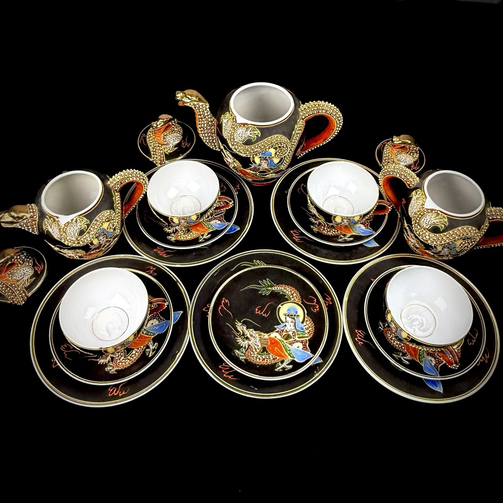 RARE 20pc Moriage Dragonware Black Lithophane Geisha Tea Set Hand Painted Japan