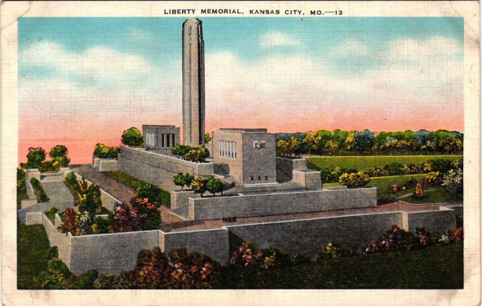 Liberty Memorial Kansas City MO Linen Postcard WWI Monument E.C. Kropp