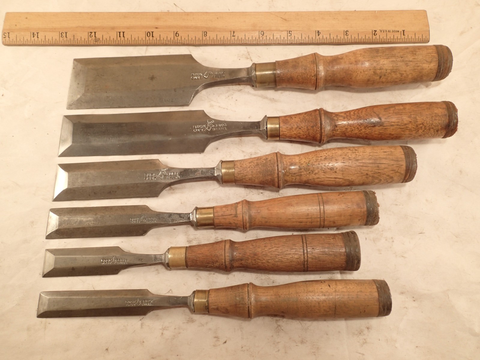 EARLY Vtg. BUCK BROS. Lot of 6 Bevel Edge THIN PROFILE Dovetail - Paring Chisels EARLY Vtg. BUCK BROS. Lot of 6 Bevel Edge THIN PROFILE Dovetail - Paring Chisels