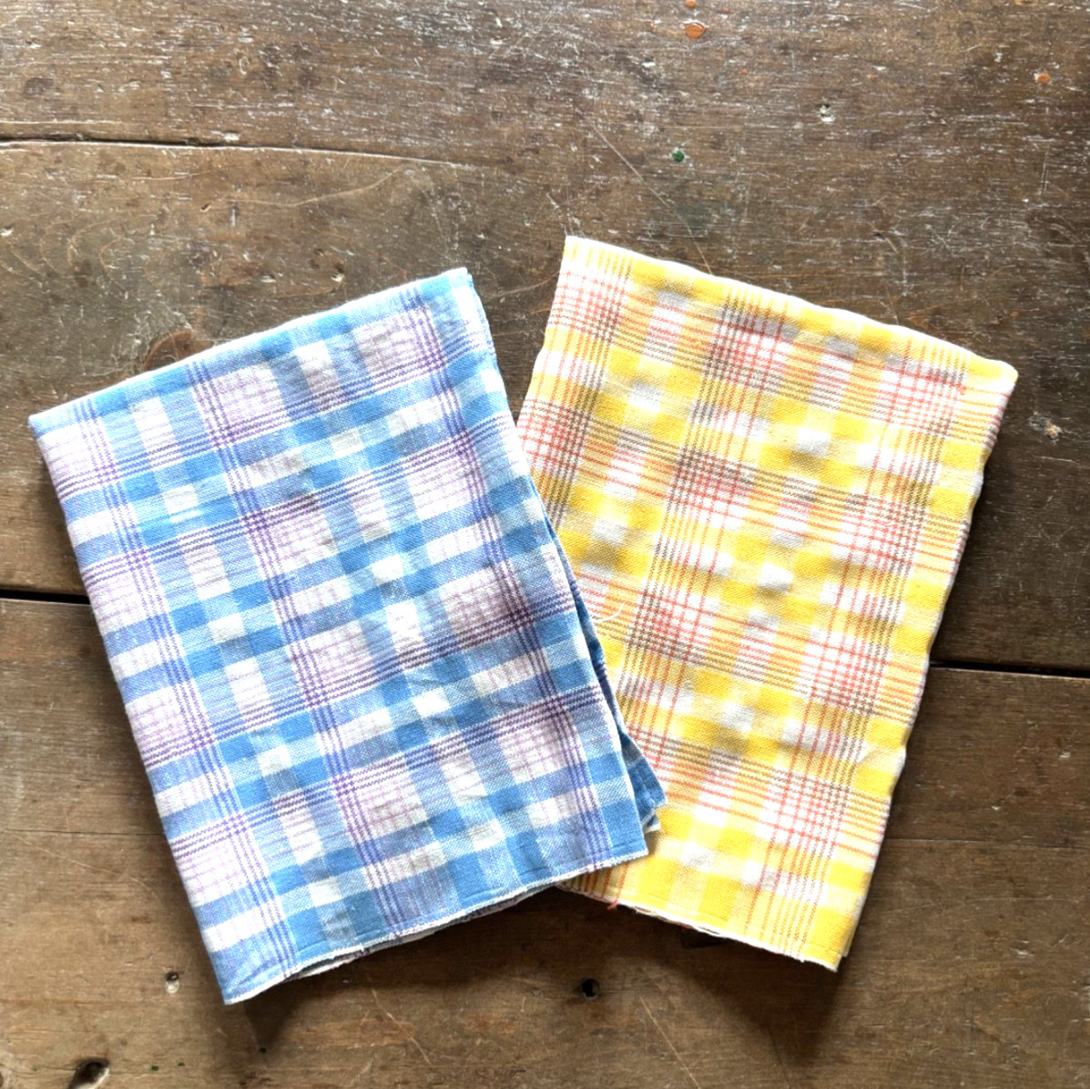 Vintage Pair of Irish Linen Blend Blue & Yellow Check Tea Towels New/Old Stock