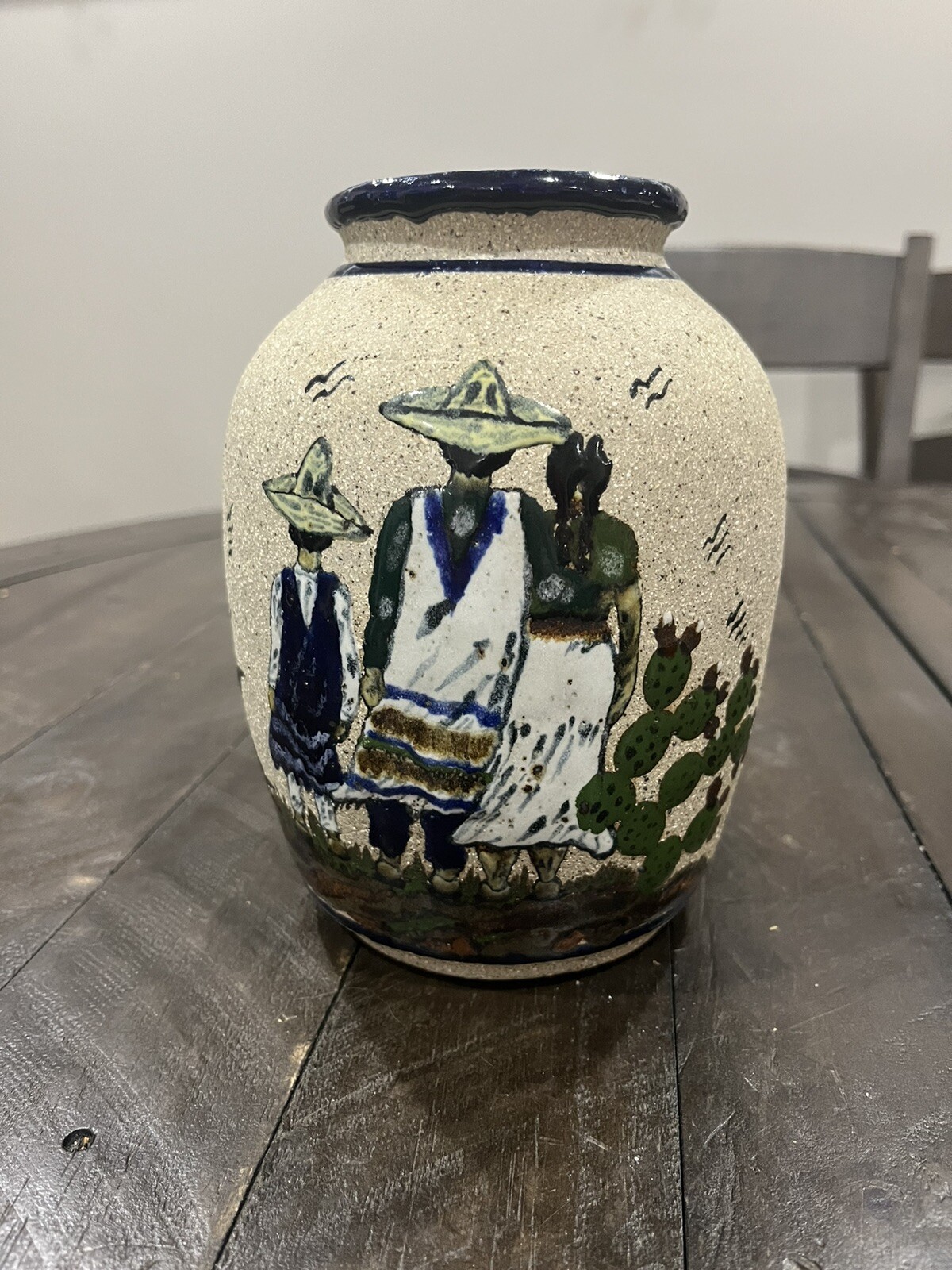 Mexico Tonala Pottery Vase Mexican Folk Art Mother Father Son Desert  9” Pajaros