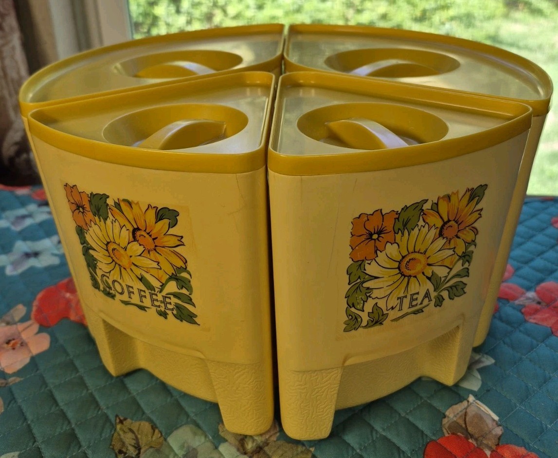 Vintage 4 pc Canister With Lids Sterilite Yellow Daisies Retro Mcm **See Photos