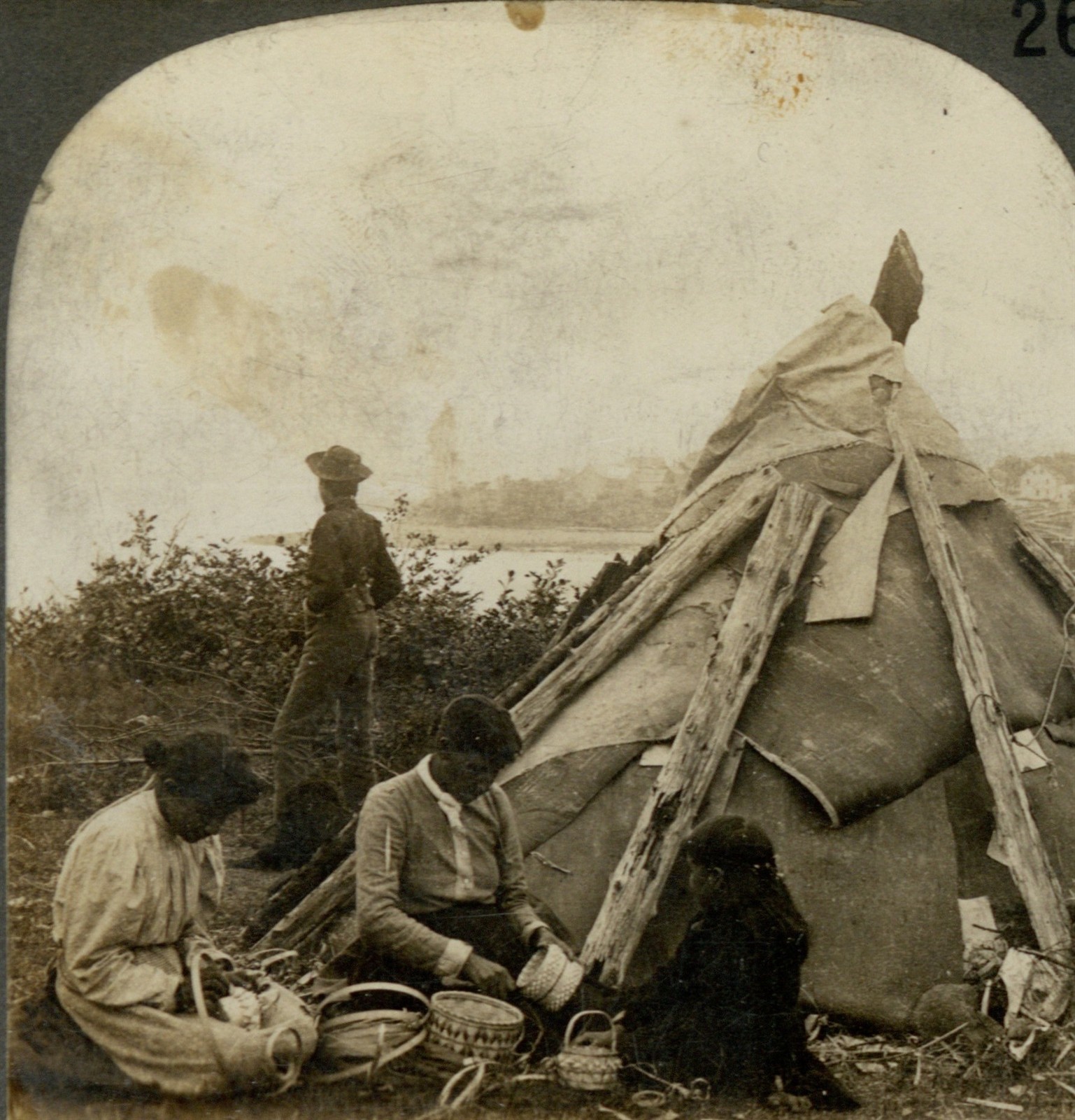 Native American Indian Photo Stereoview 1900 Mi\'kmaq Mic Mac Basket Weaving PEI
