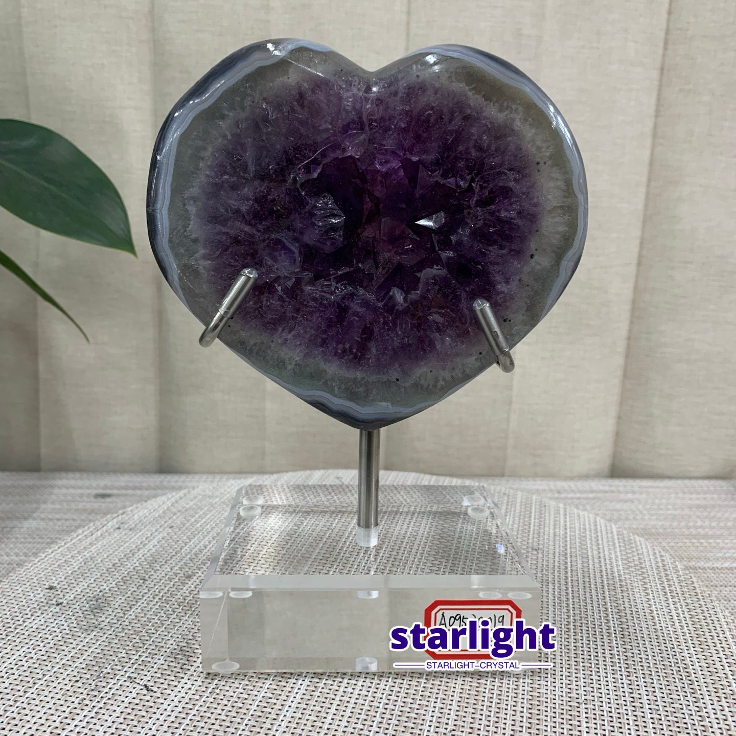 2.7LB Purple Amethyst Agate Heart Carving Natural Crystal Ornament Home Gif+base