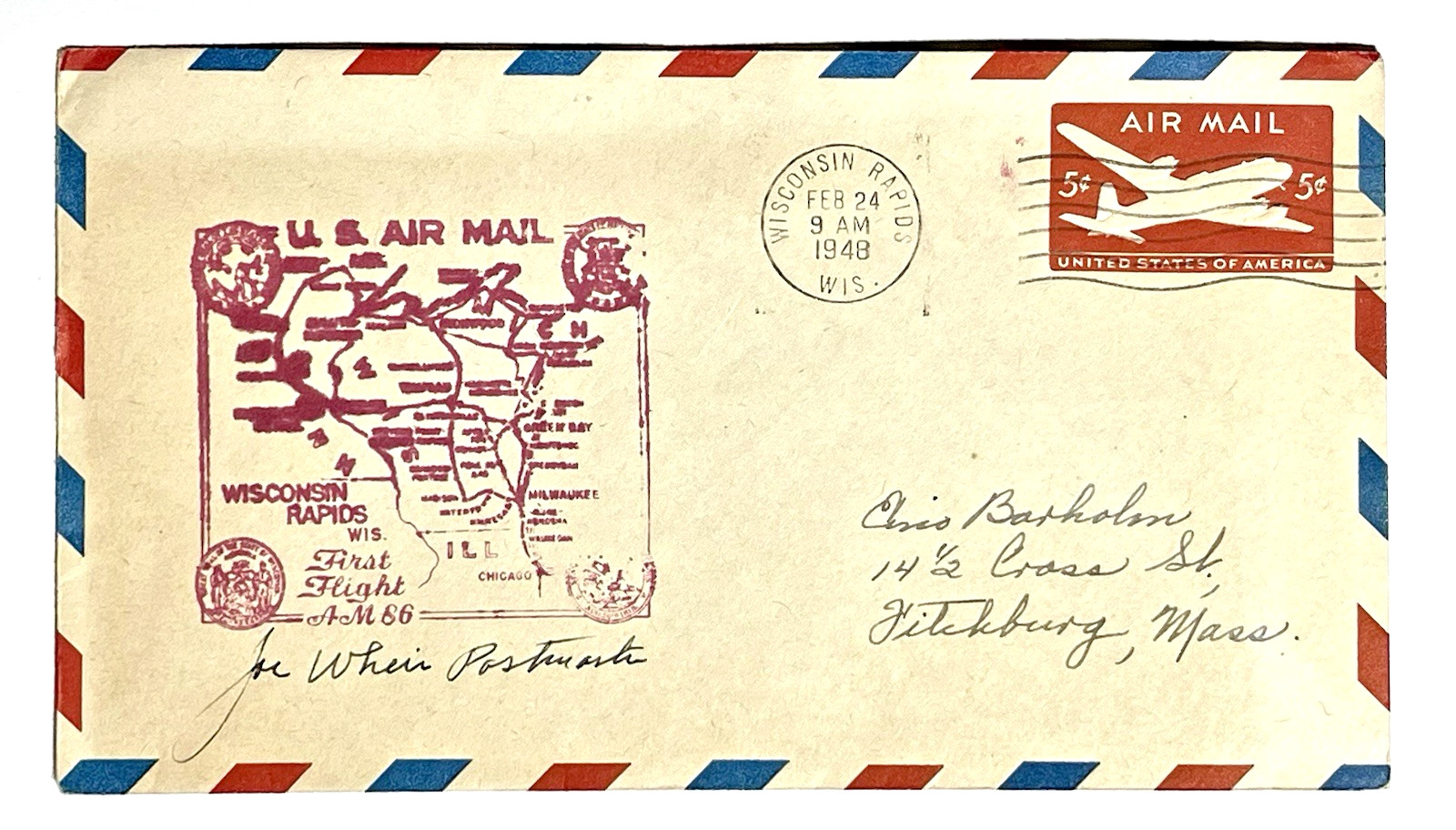 WISCONSIN RAPIDS, 1948 POSTMASTER SIGNED 1st FLIGHT, WISCONSIN CENTRAL AIRLINES