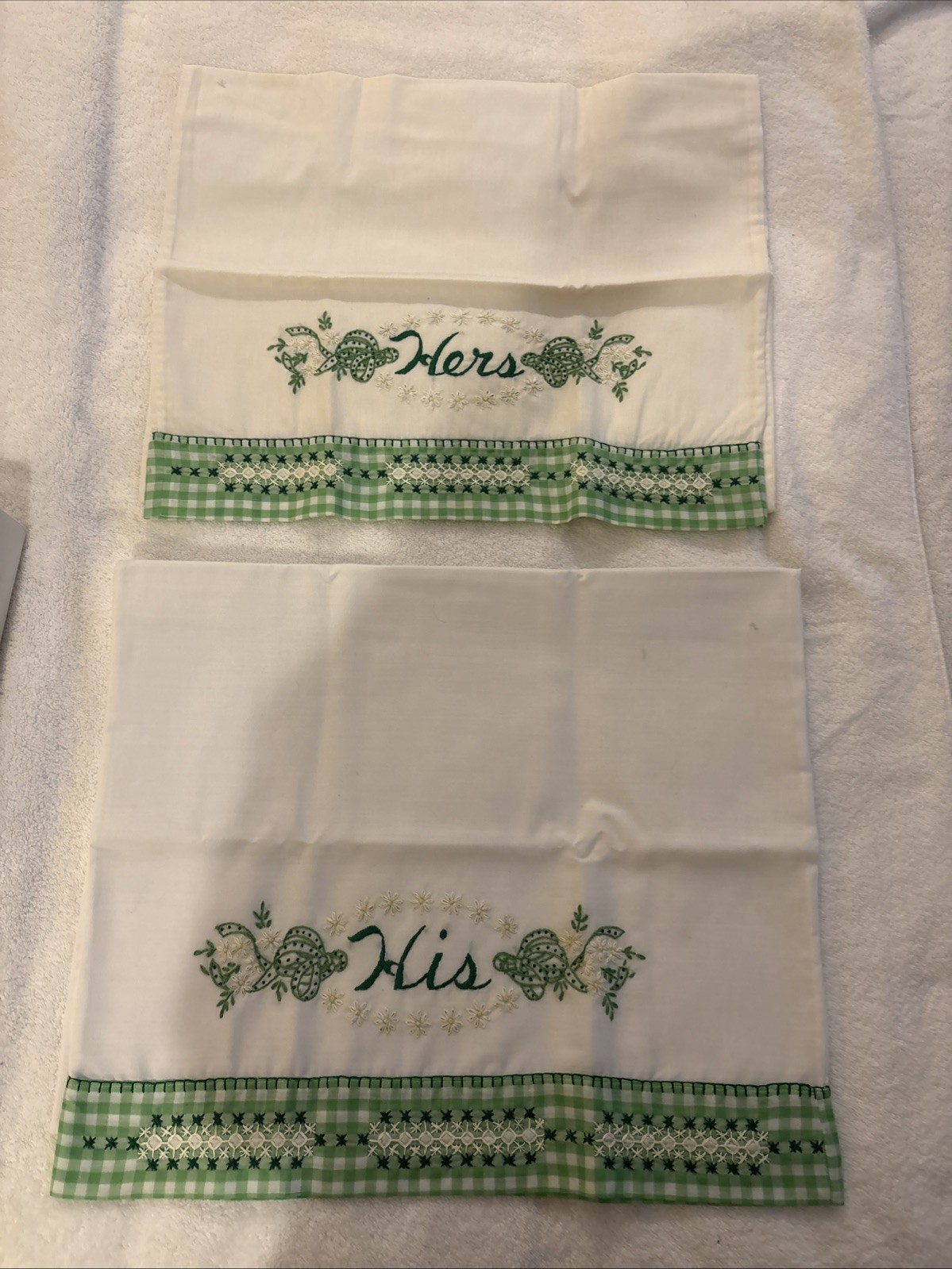 HIS & HERS BEAUTIFUL VINTAGE HAND EMBROIDERED KING SIZE PILLOWCASE PAIR