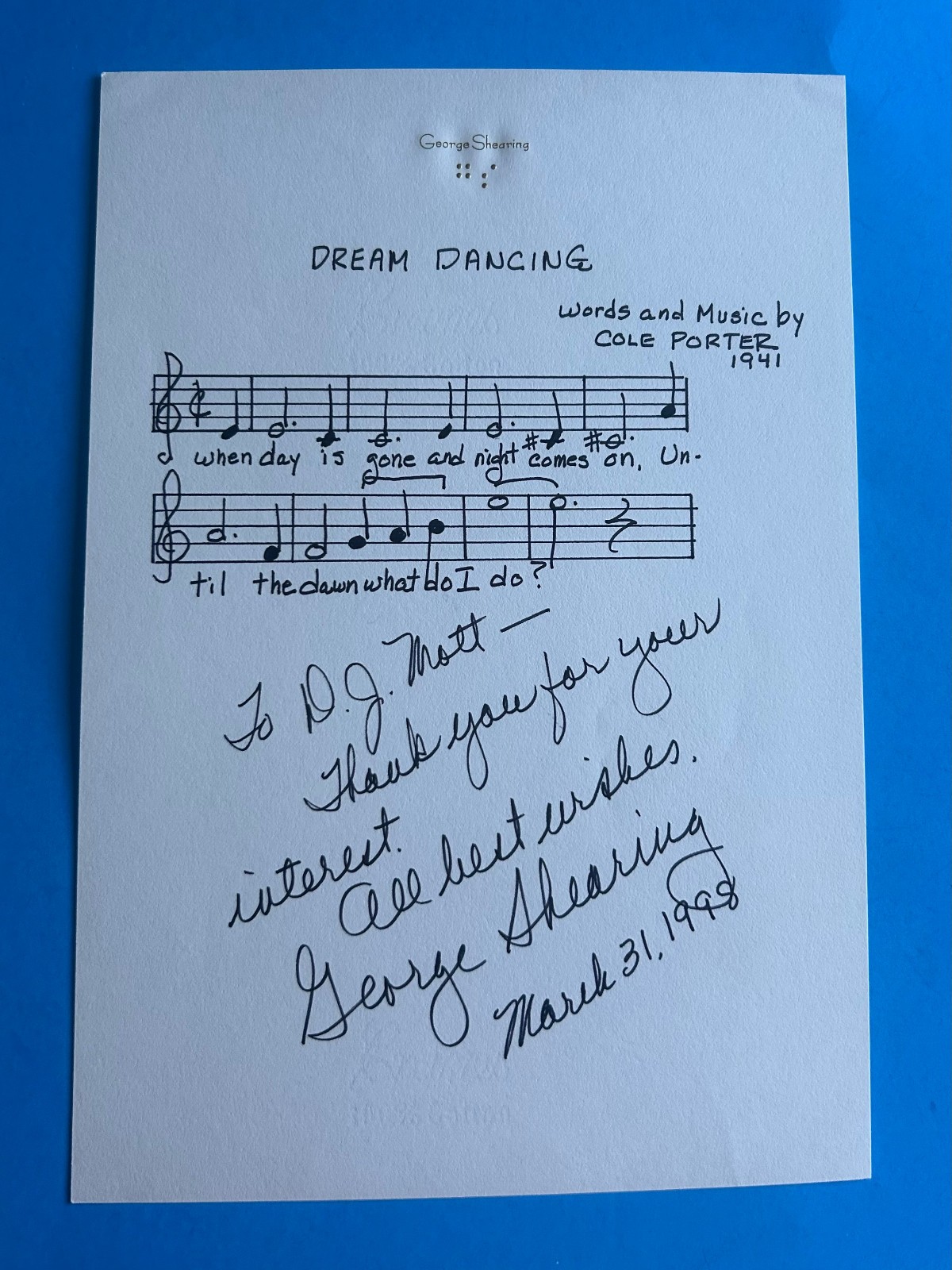 Sir George Shearing (Hand Signed Musical Quotation Cole Porter\'s Dream Dancing)