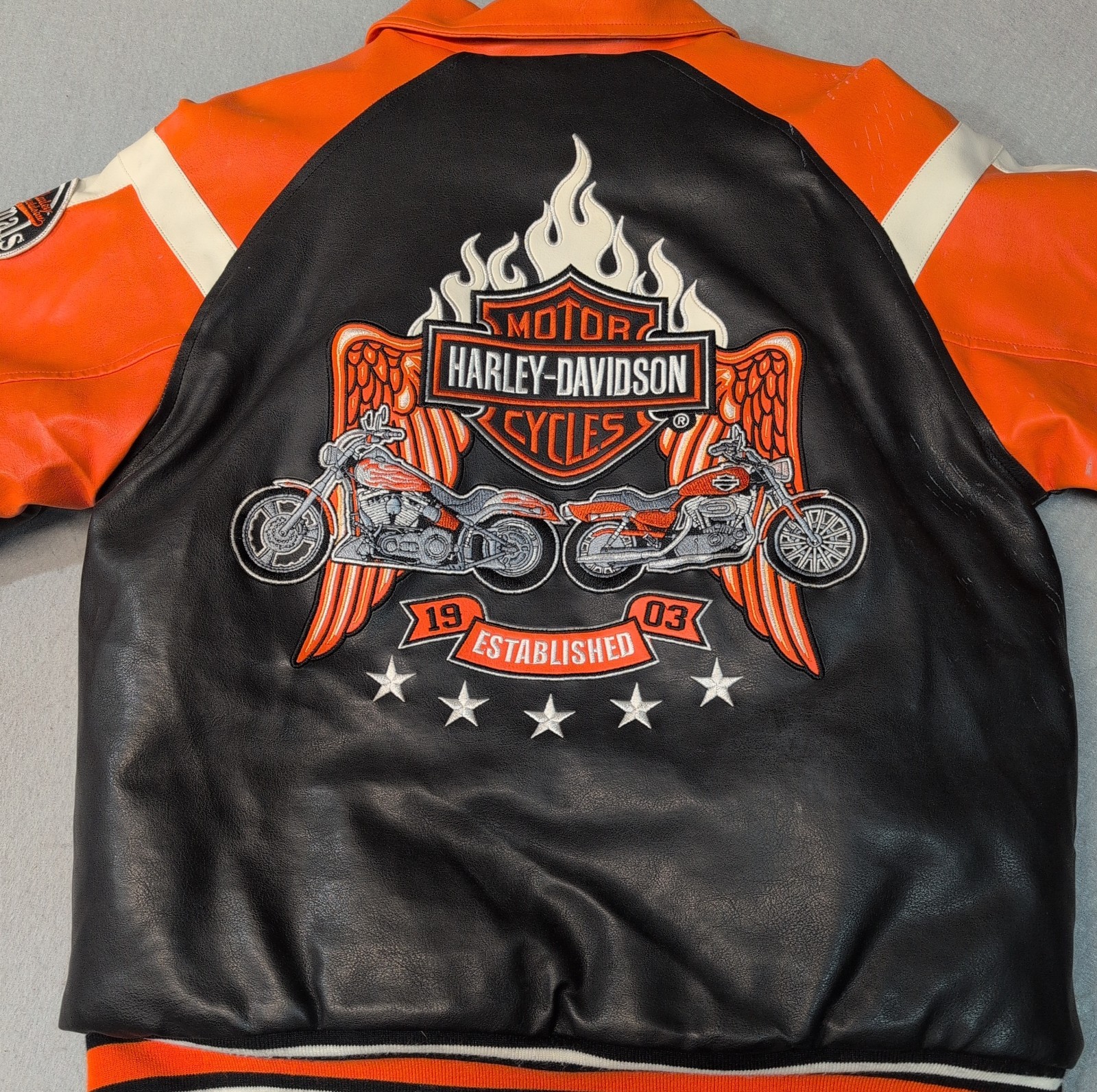 Boys Harley Davidson Motorcycle Black & Orange Faux Leather Jacket Youth 16/18