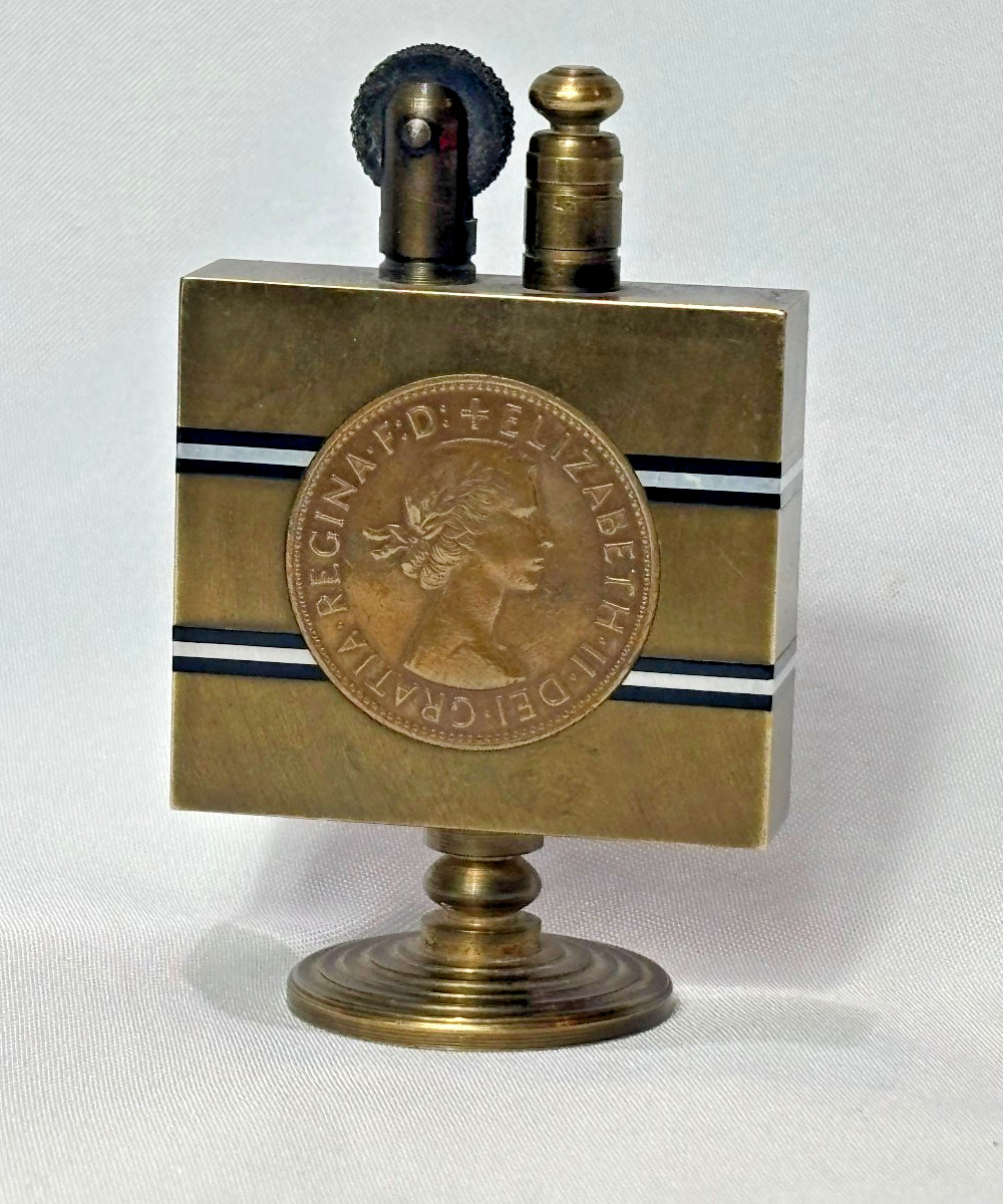Vtg Brass Table Lighter 1965 British Penny Design Square Stacked Metal Sparks