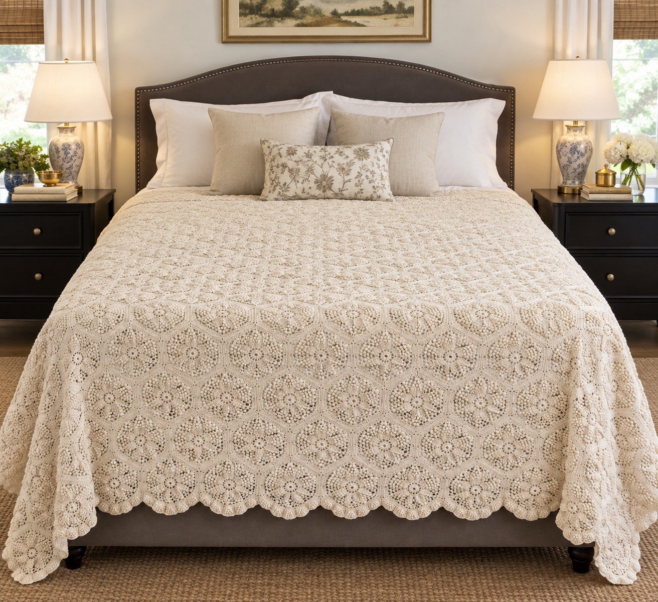 VTG Hand Crocheted Lace Doilies Coverlet Bedspread Cottage Farmhouse King