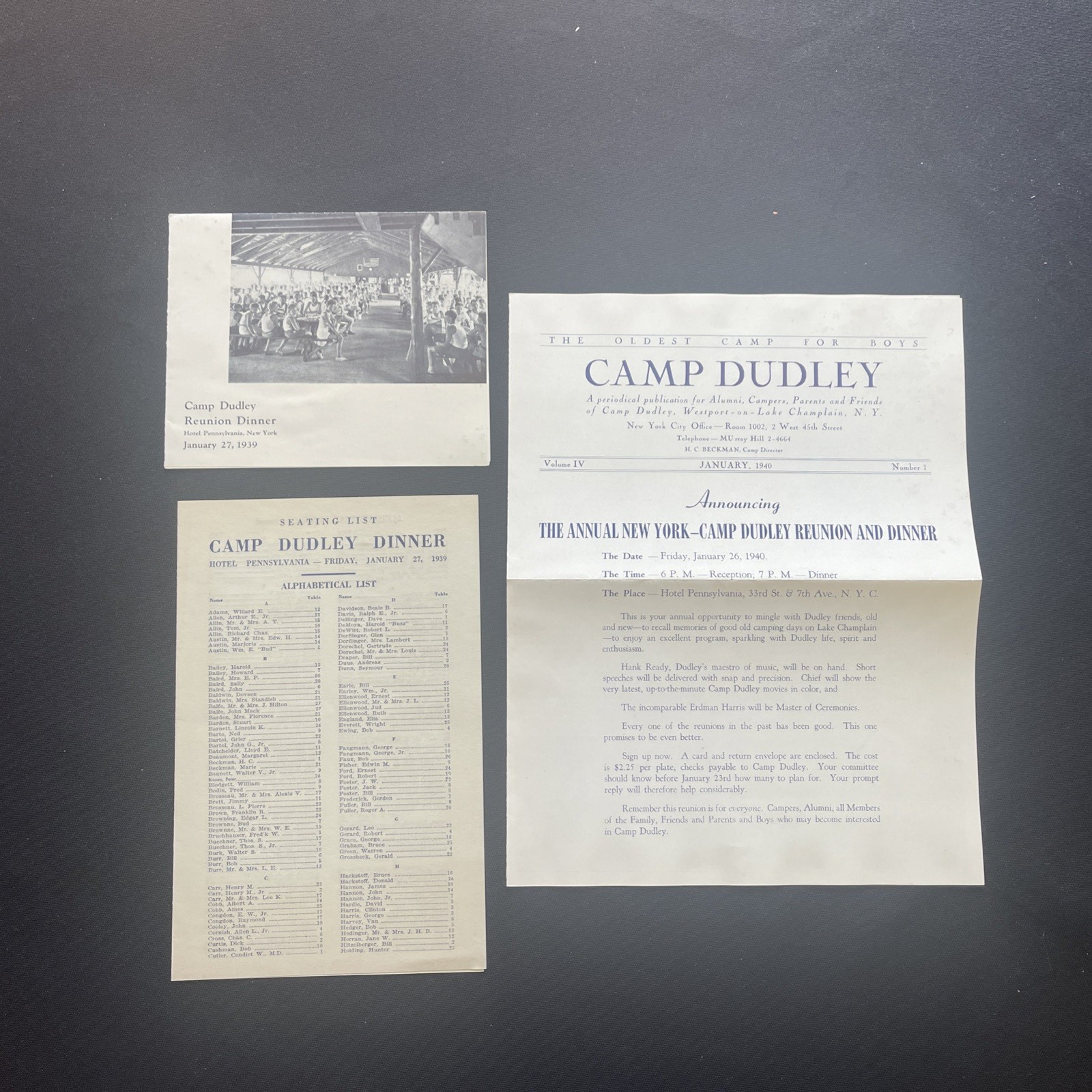 1939 Camp Dudley Westport New York Reunion Dinner - 1940 Alumni Newsletter Lot