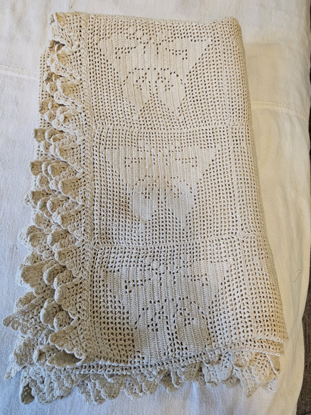 Vintage Hand Crocheted Throw Blanket Coverlet Butterfly Motif Ecru 46\