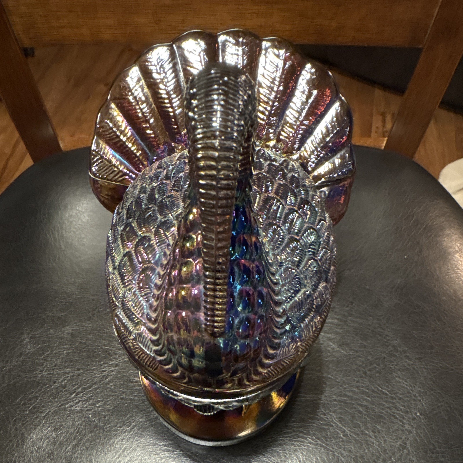 L.E. Smith Amethyst Carnival Glass Turkey Covered Dish Candy Jar 7\