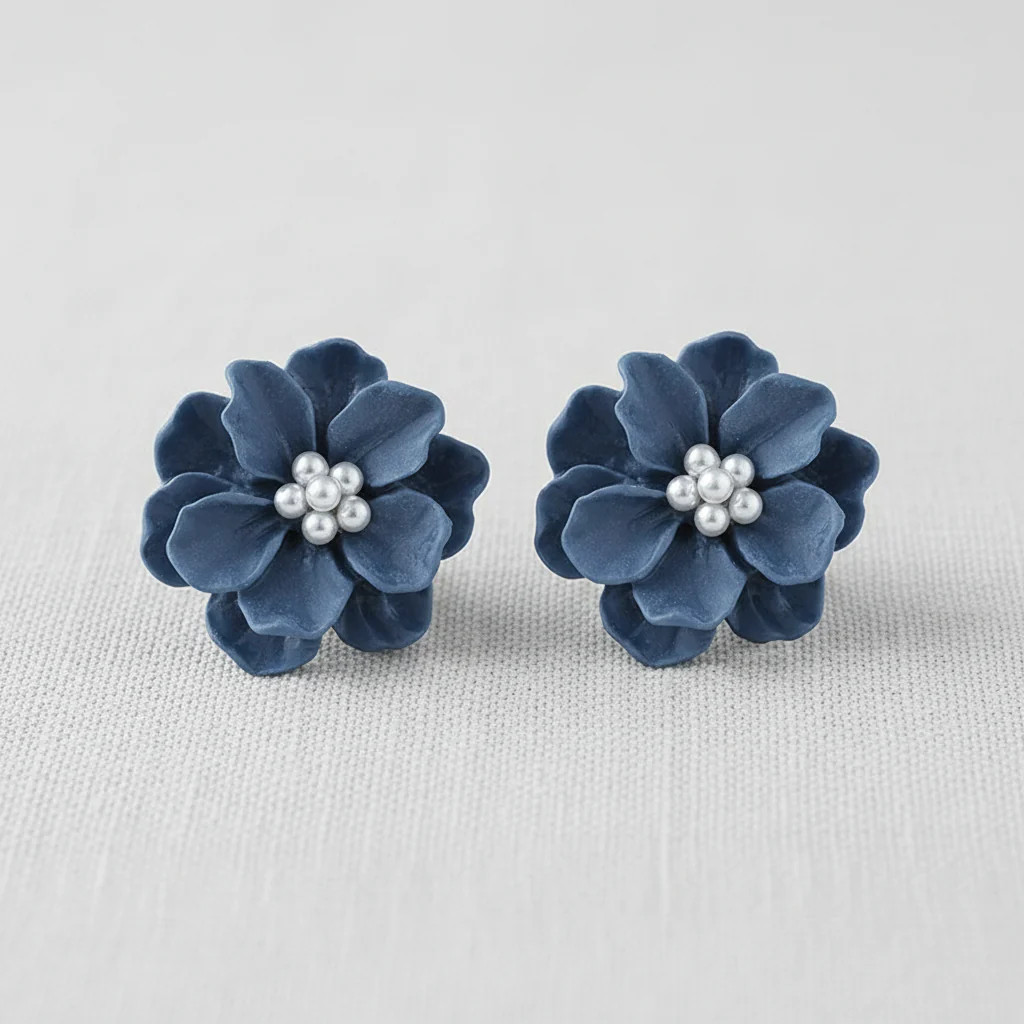 Blue Floral Pearl Ear Studs and Clips