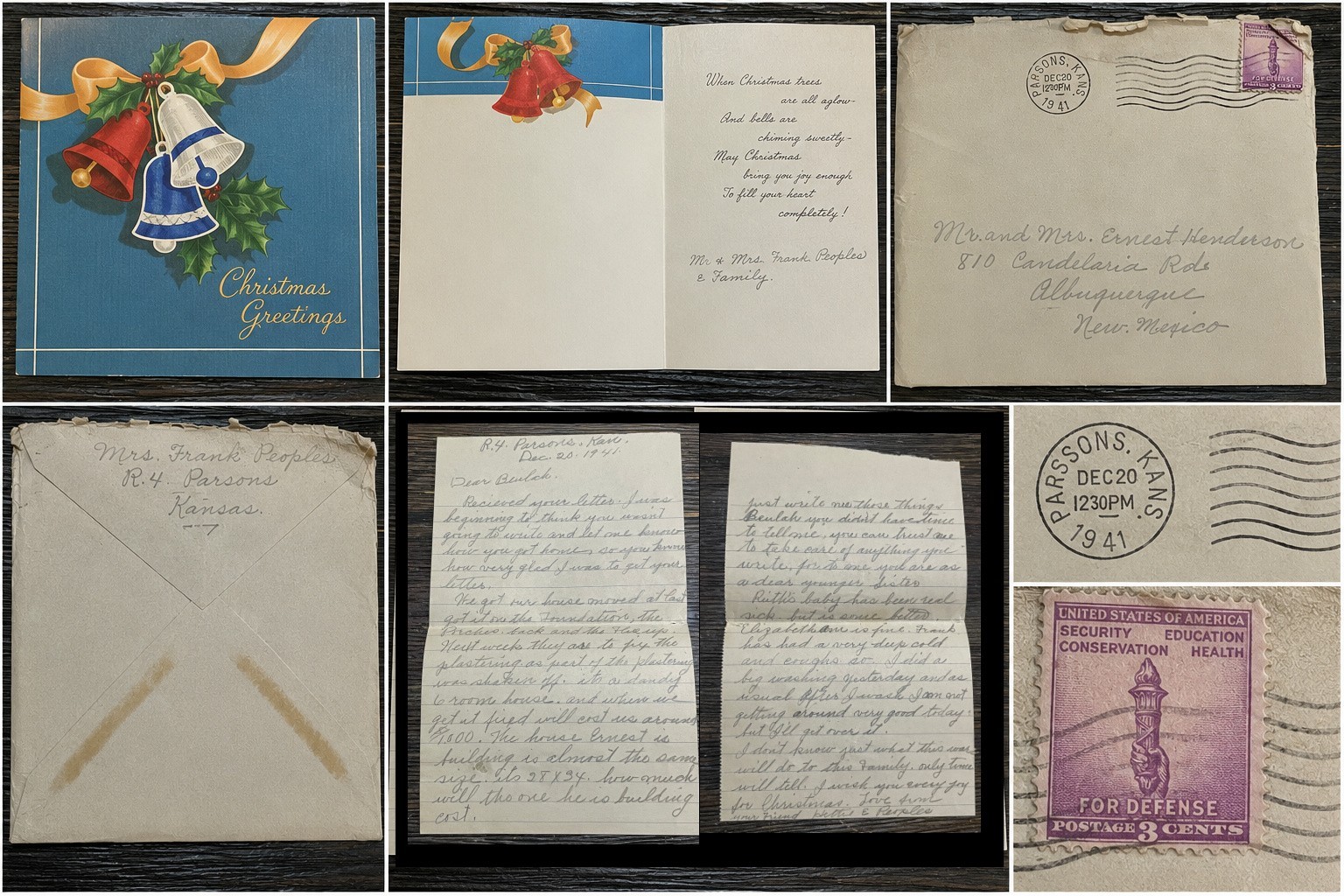 1941 WWII Parsons KS Xmas Letter Frank & Hettie Peoples to Beulah Henderson NM