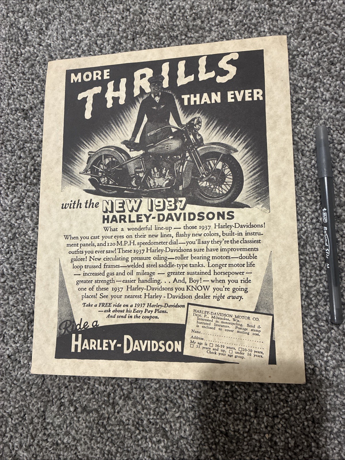 Rare 1937 Harley Advertisement