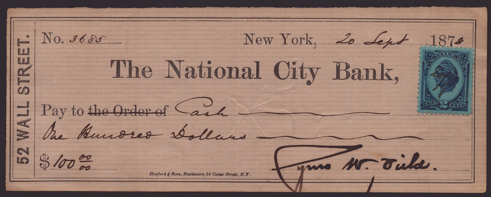 CYRUS W. FIELD - CHECK SIGNED 09/20/1878