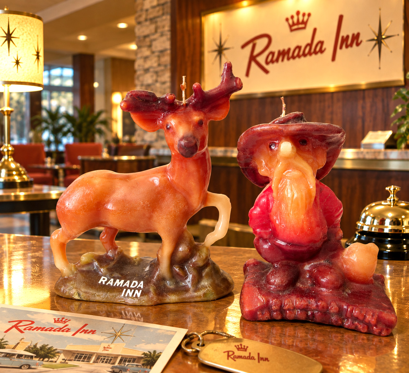 VTG 50s Ramada Inn Figural Candles Buck Deer Prospector Hotel Ad Pair VERY RARE