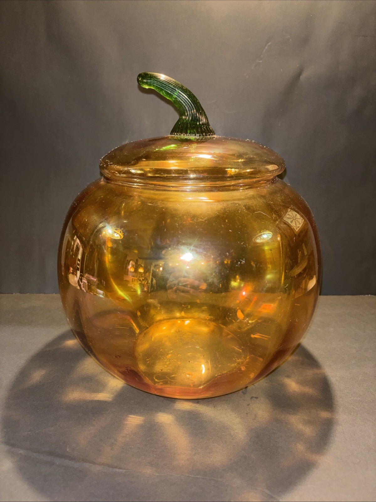Vintage Princess House Crystal Iridescent Pumpkin  Cookie Jar/ Punch Bowl 11”