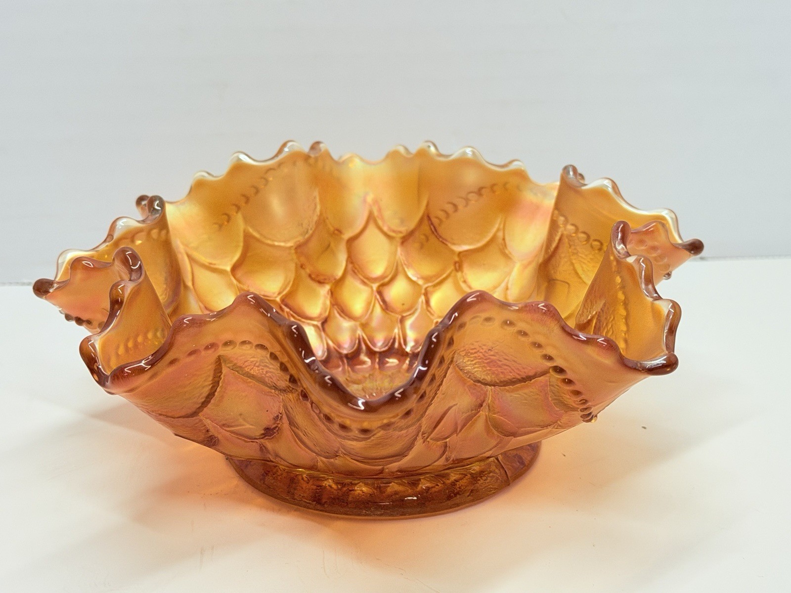 Antique Dugan Fishscale & Beads Marigold Carnival Glass Ruffled Bowl