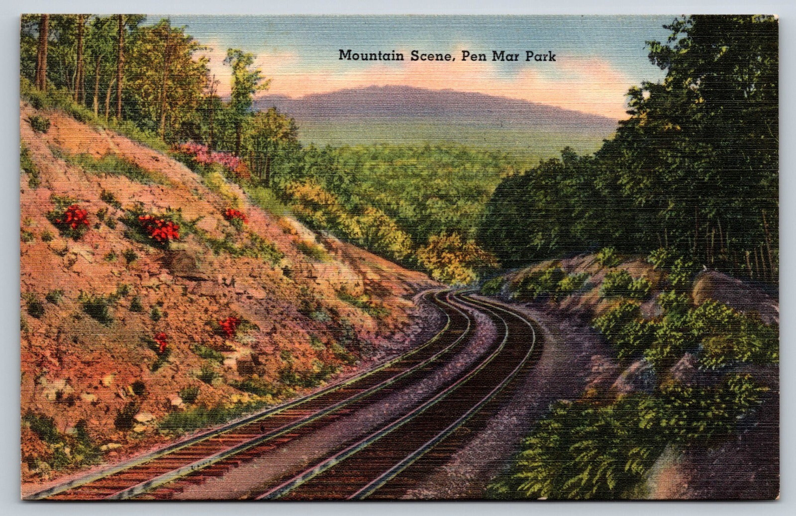 Mountain Scene Pen Mar Park Pennsylvania Postcard Linen Railroad Tracks