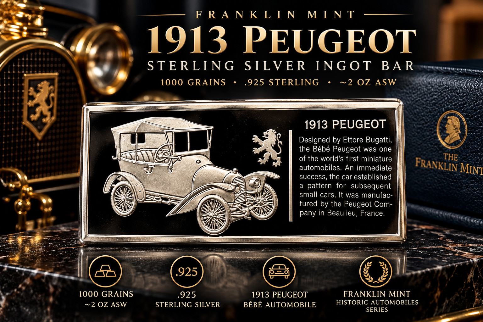 1913 Peugeot Franklin Mint Sterling Silver Ingot Bar 1000 Grains .925 ~2oz ASW