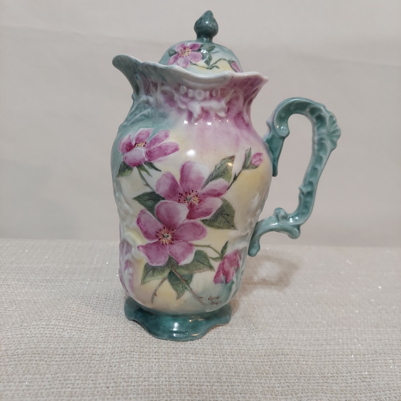 Hand Painted Porcelain Chocolate Teapot With Lid Floral Blue Pink Signed Hand Painted Porcelain Chocolate Teapot With Lid Floral Blue Pink Signed