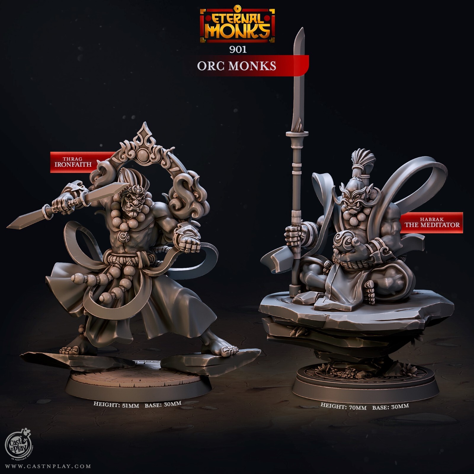 Oni Monks Miniature Set Asia Orc Fighter Figure for TTRPG's like D&D 5e