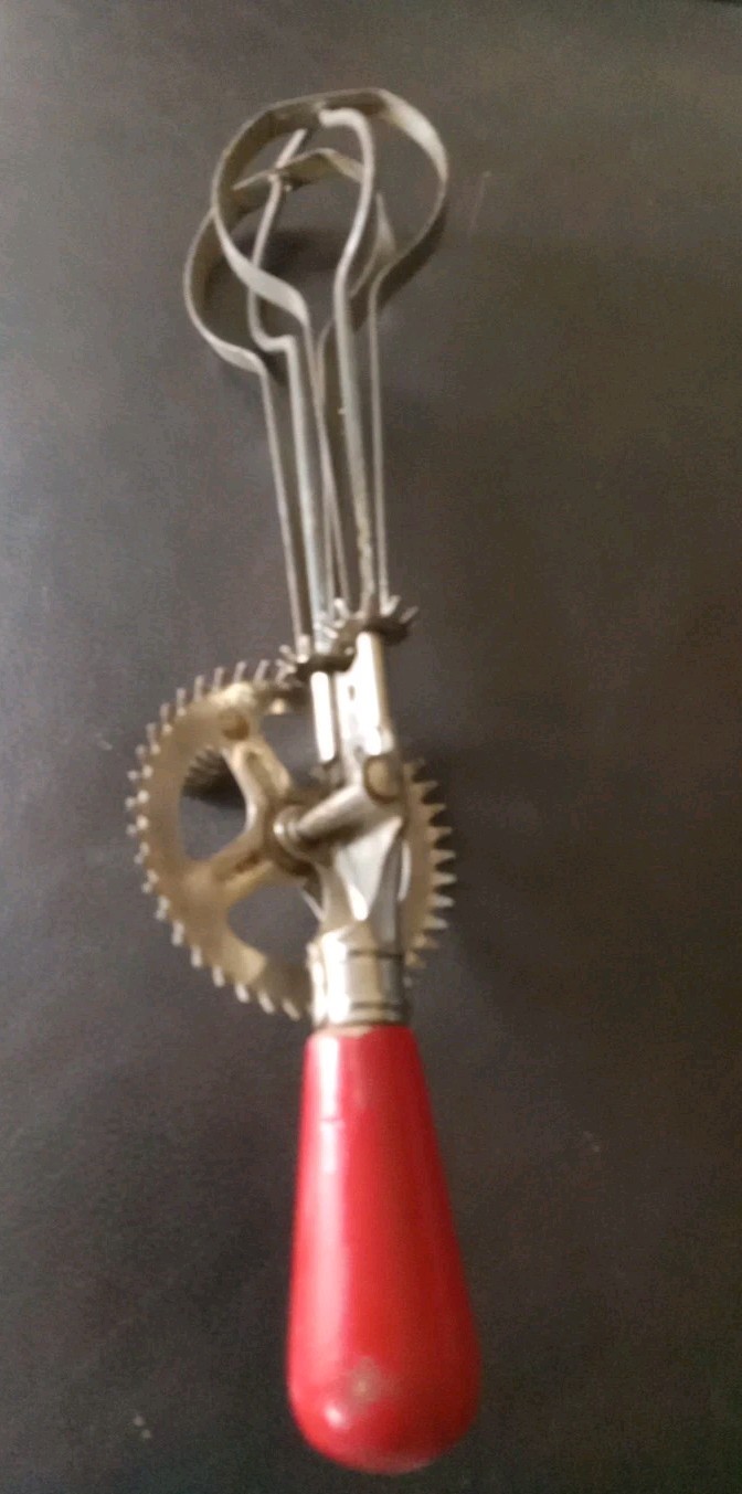 Vintage A&J Egg Beater Manual Crank Hand Mixer Blender Steel Red Handle USA