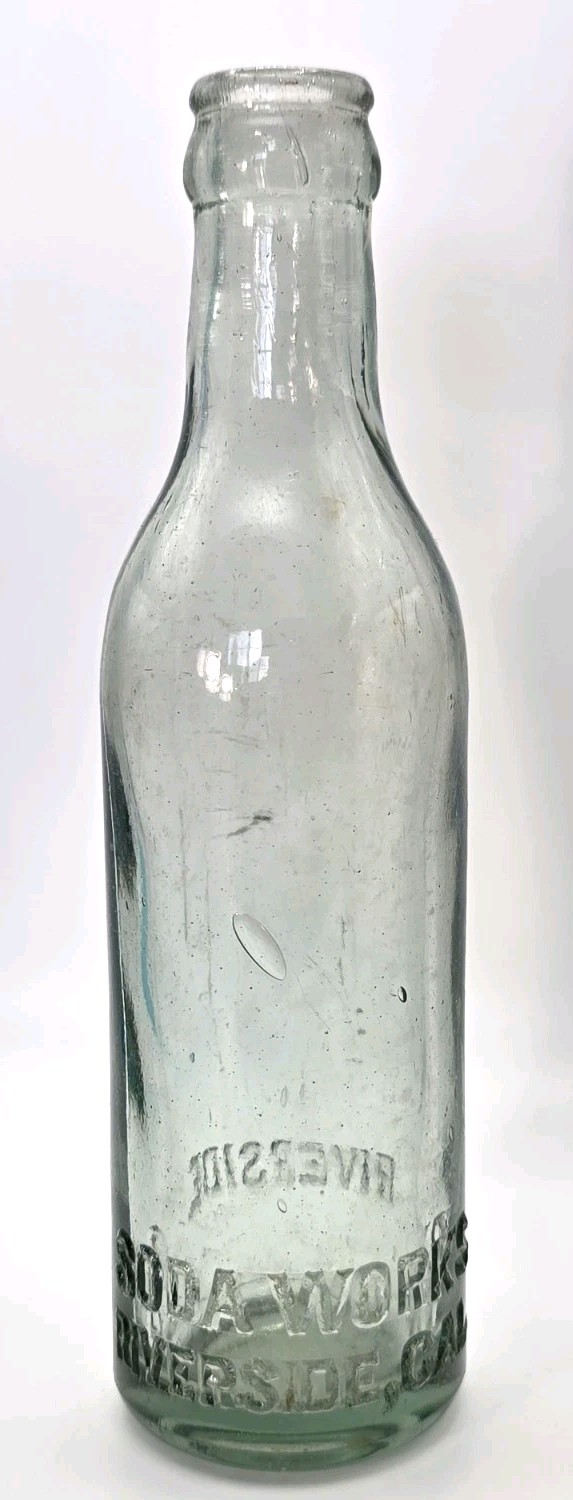 Vintage Soda Works Clear Embossed Glass Soda Bottle Riverside CA