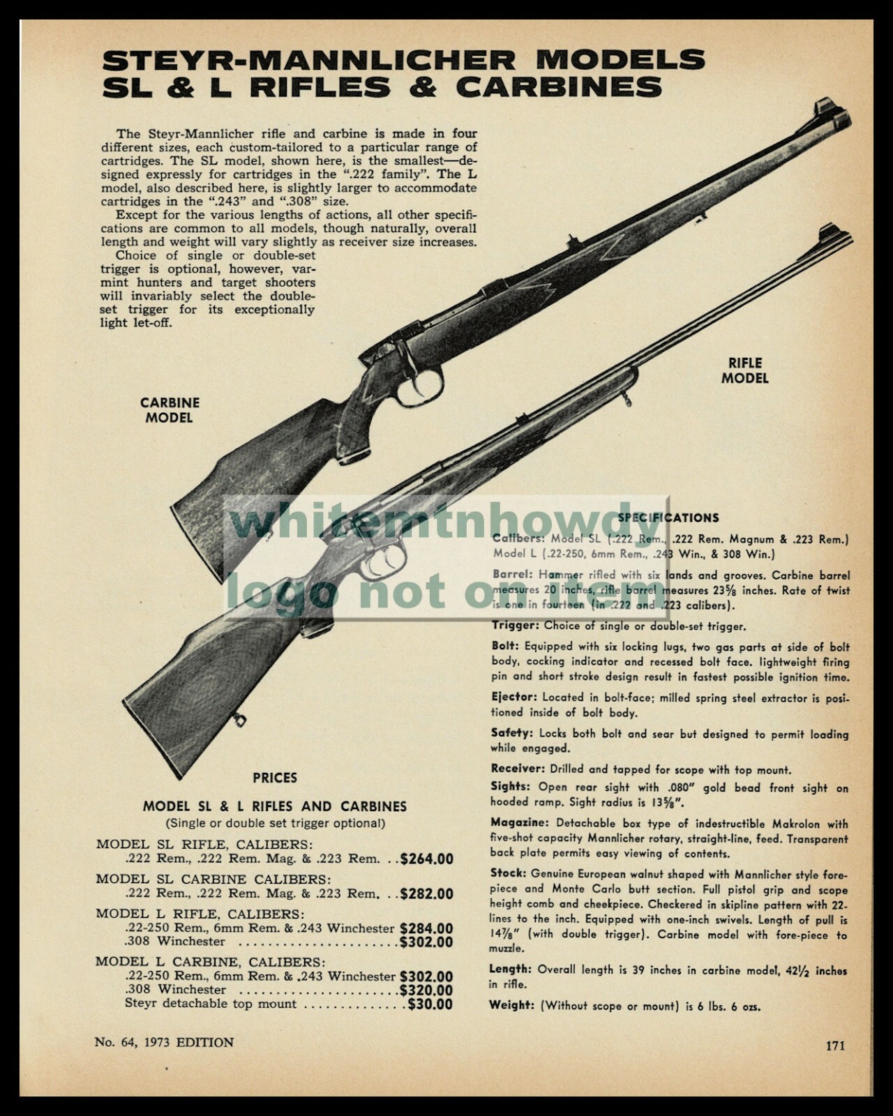 1973 STEYR-MANNLICHER Model SL and S Bolt Action Rifle and Carbine PRINT AD