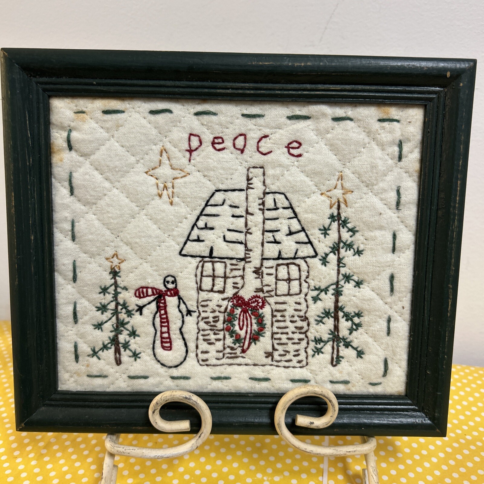 Vtg Embroidered Peace Black Framed 9x7 Picture Snowman Log Cabin Christmas Tree