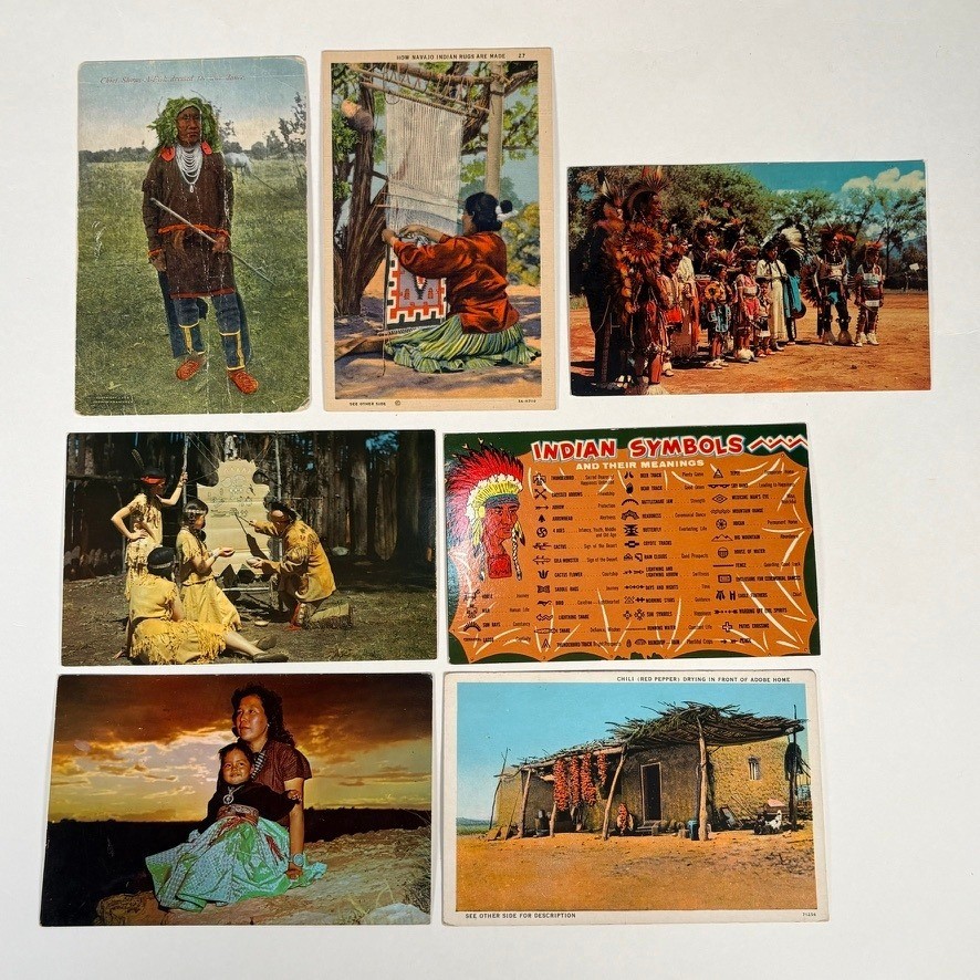 7 Vintage Native American Postcards Navajo Rug Weaving Symbols Adobe Dance Lot
