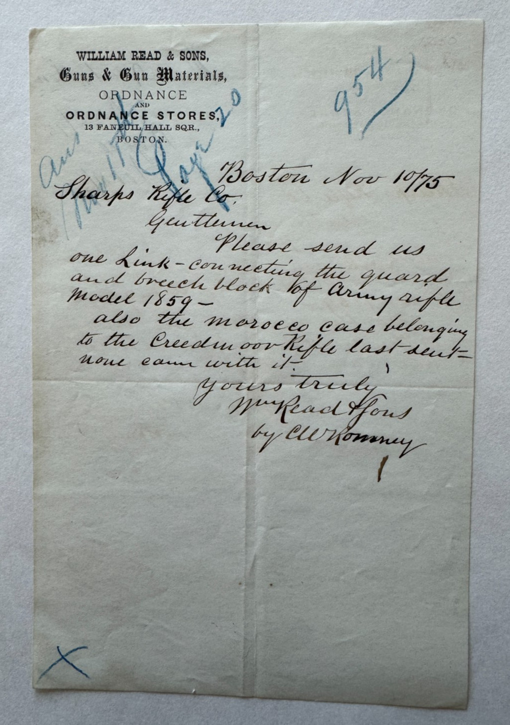 Vintage 1875 Letterhead Boston MA William Read & Sons Guns Ordnance Faneuil Hall