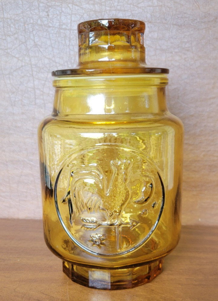 Vintage Wheaton NJ Amber Glass Canister Jar Rooster Sun with Lid 