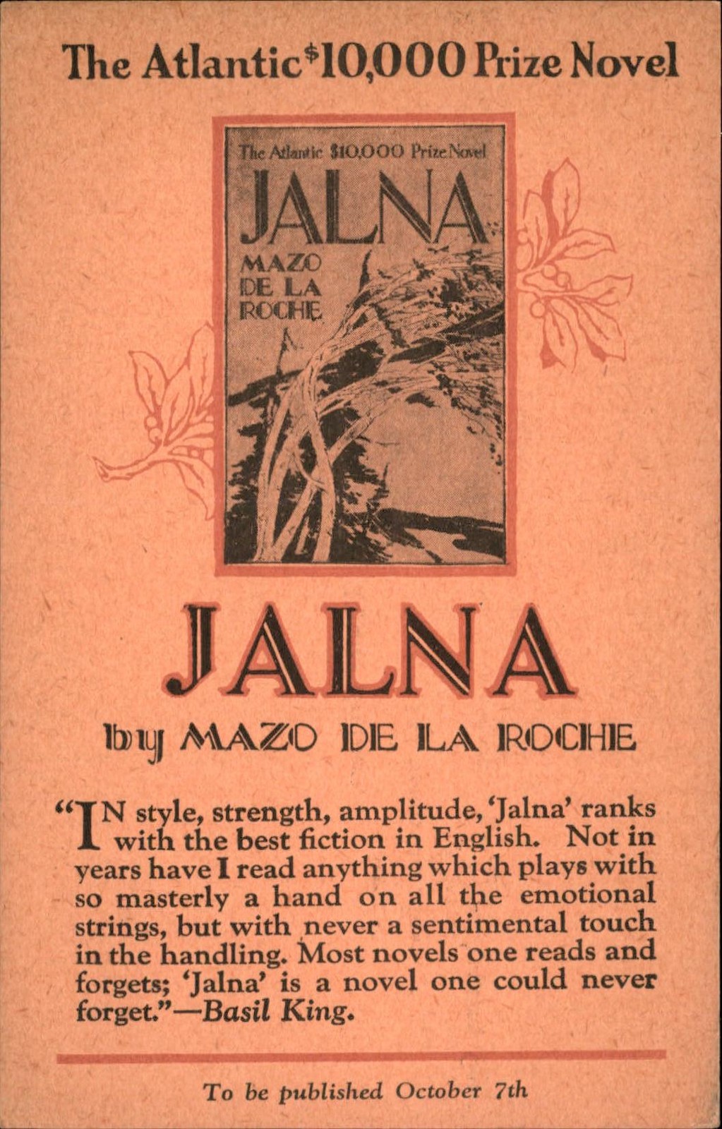 Frontispiece Book Novel Advert JALNA Mazo de al Roche Vintage Postcard