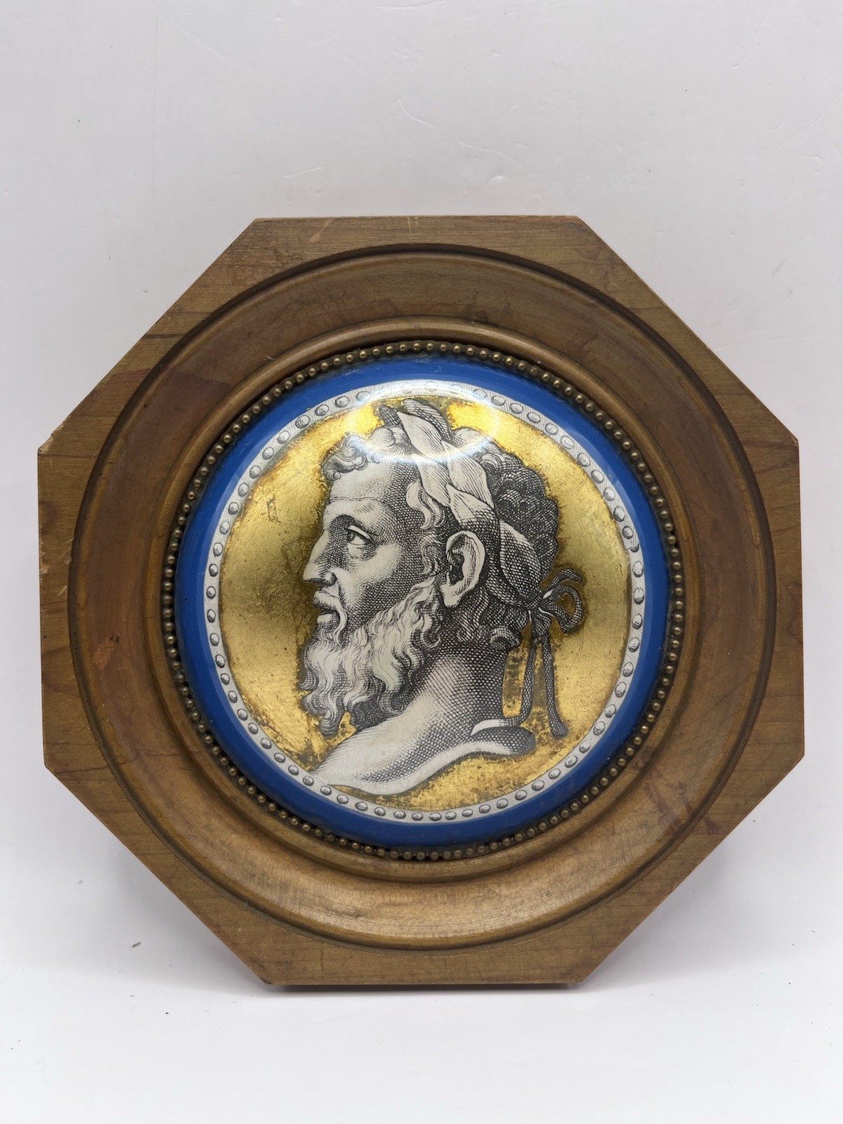 Vintage Classical Profile Portrait Plaque Blue & Gold Wood Frame 7” 