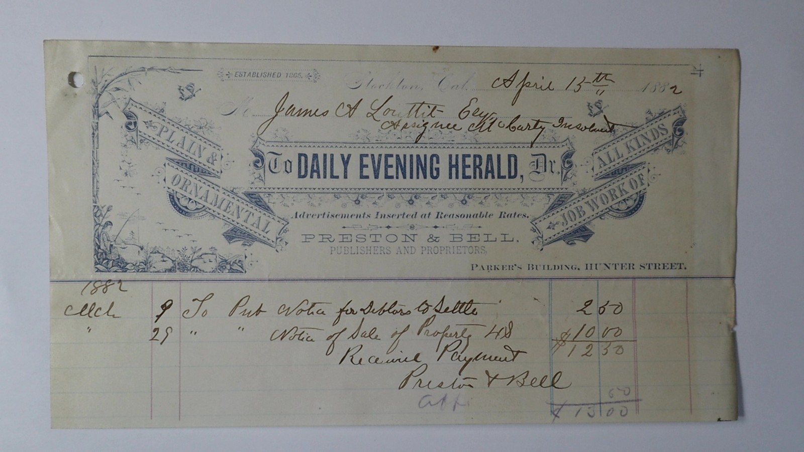 1882 Stockton San Joaquin CA Newspaper Daily Evening Herald Girl Fishin Billhead