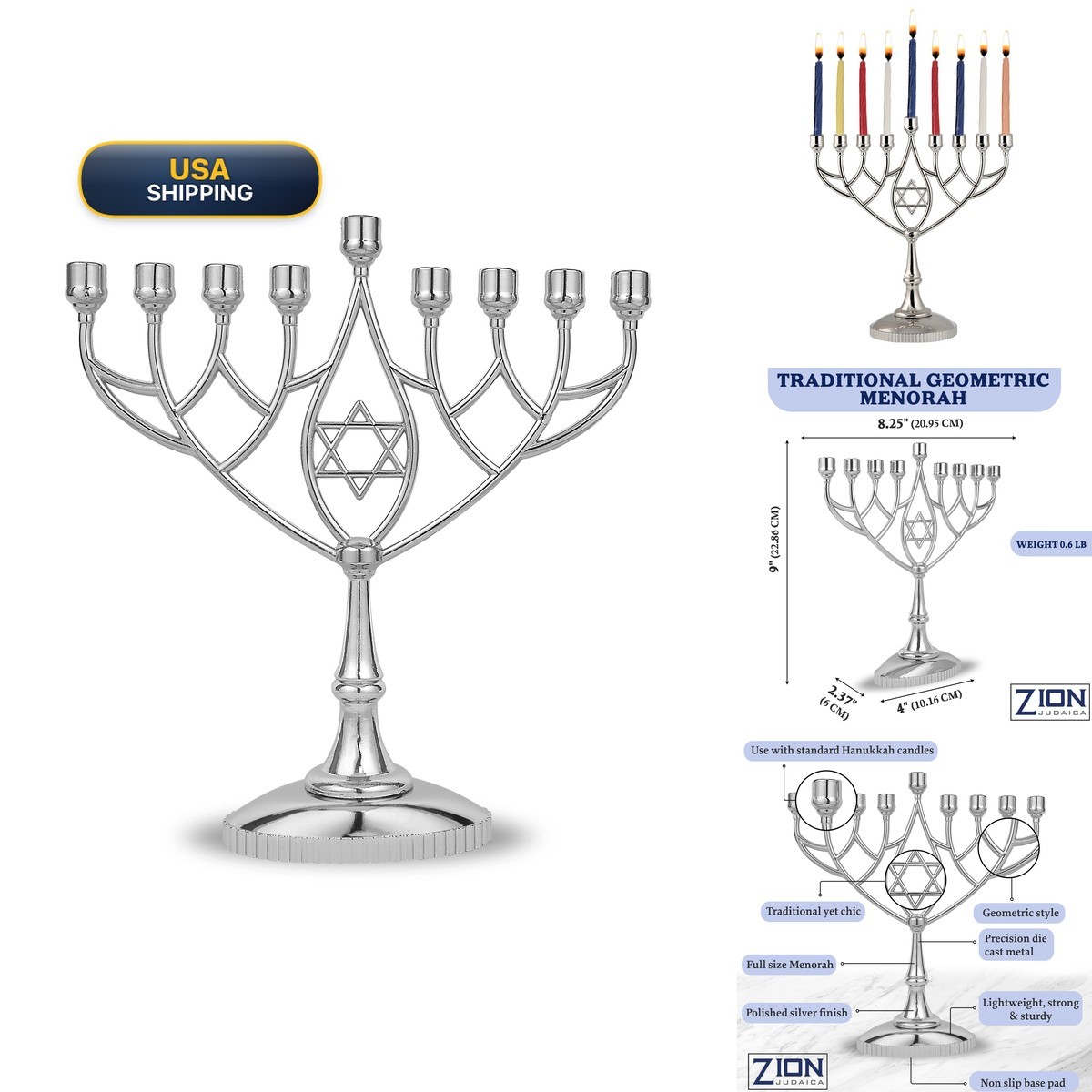 Zion Judaica Traditional Geometric Hanukkah Menorah 9\